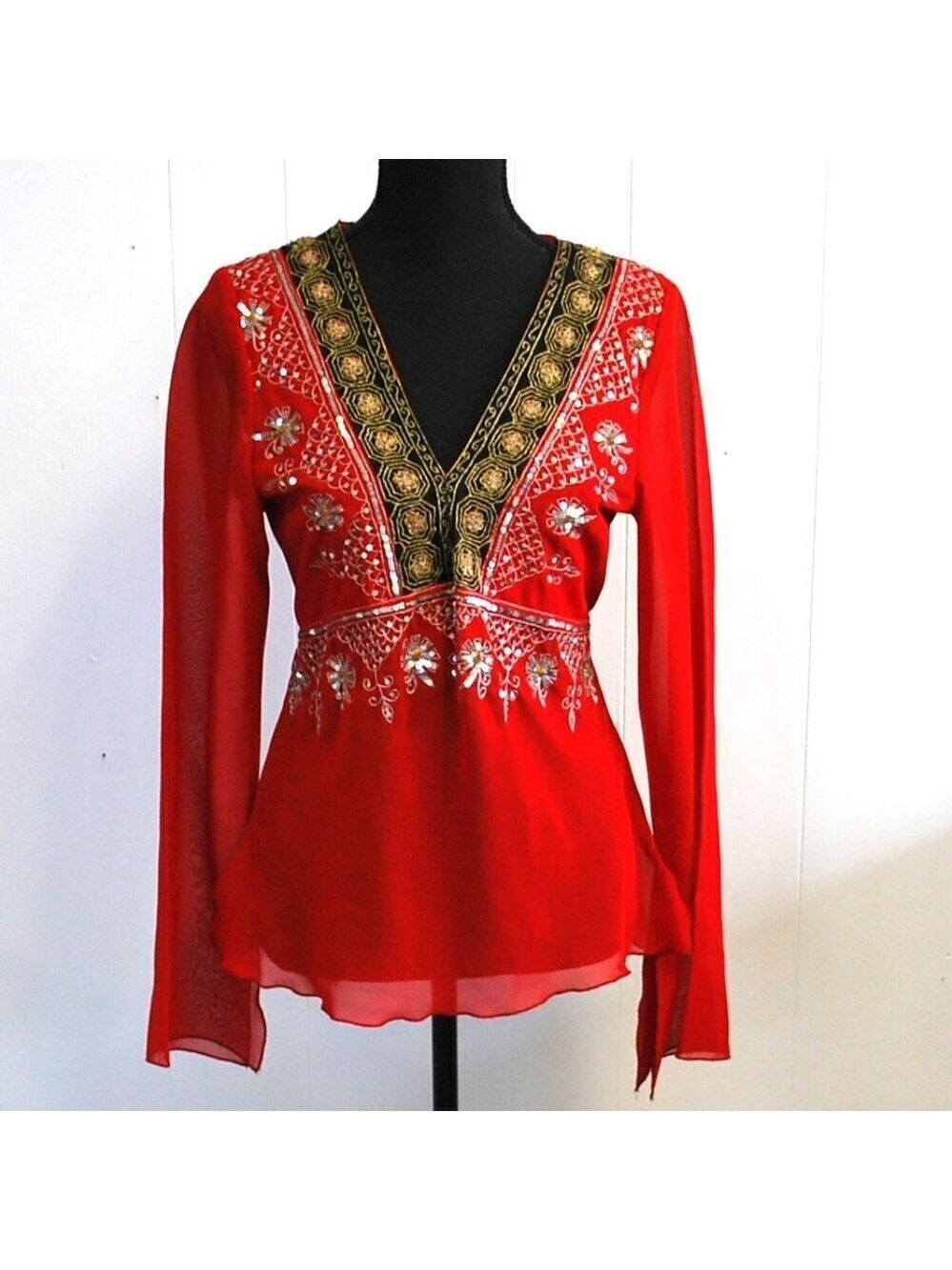 Funky People Tunic Beaded Sequin Blouse Red L